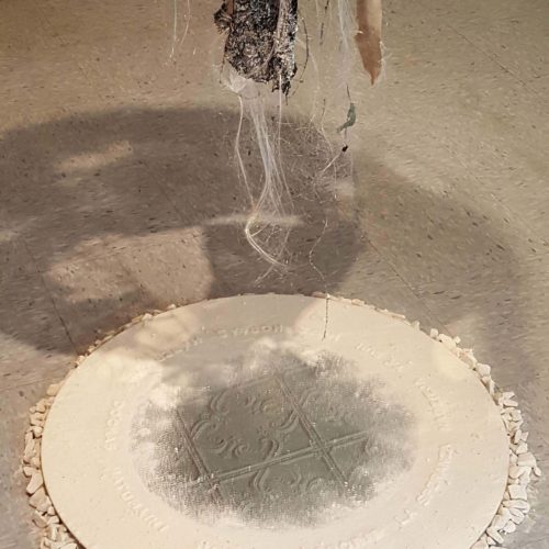 Chandelier – HOPE, Detail 2018 Mirror, text, marble & granite pieces & stone dust 6’ x 20” x 20”