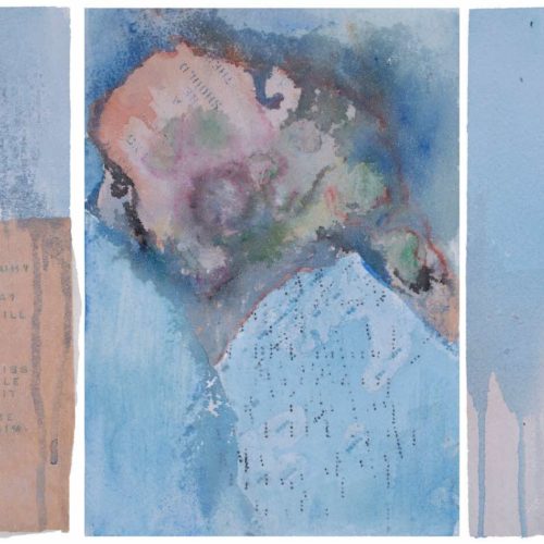 Mapping Deer Isle Granite, Triptych, 2017 Watercolor, collage & marble dust 8.25” x 34.5”
