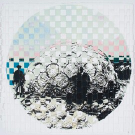 Woven Dome #1QPME, 2025 Monoprint with stencil & photo silkscreen on paper, cut & woven 12.25 “ x 12.5” Archival image courtesy of Deer Isle Granite Museum