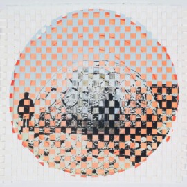 Dome & Brooklyn – QPME, 2025 Monoprint with stencil, photo silkscreen, watercolor cut & woven 12. 5” x 13.5” Archival photo courtesy of Deer Isle Granite Museum