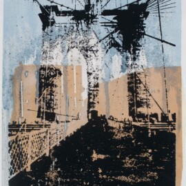QPME – Brooklyn Bridge #4, 2025 Collage with watercolor, ink, marble dust & photo silkscreen (artist photo) 11” x 7.5”