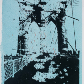 QPME – Brooklyn Bridge #2, 2025 Watercolor, ink, marble dust & photo silkscreen (artist photo) 11” x 7.5”