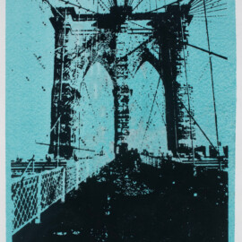 QPME- Brooklyn Bridge #3, 2025 Watercolor, ink, marble dust & photo silkscreen (artist photo) 11” x 7.5”
