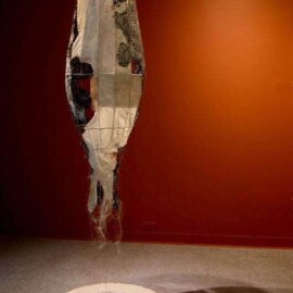 Chandelier - HOPE, 2018 Steel rod, fabric, wire, stone dust, synthetic hair & mirror 6’ x 20” x20” Kimball Street Gallery Installation