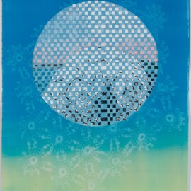 Stonington Dome in August, 2025 Monoprint w silkscreen, stencil & photo silkscreen, cut & woven. Archival photo courtesy of Deer Isle Granite Museum 22” x 15”