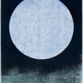 Lichen the Moon, QPME, 2025 Monoprint with silkscreen & stencil & woven strips 22” x 15”
