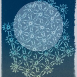 Full Moon, 2024 Monoprint with silkscreen & stencil on rice paper with silk thread 21.5” x 15”