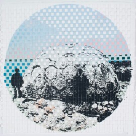 Woven Dome #2 QPME, 2025 Monoprint with stencil & photo silkscreen on paper, cut & woven 12” x 12.5” Archival image courtesy of Deer Isle Granite Museum
