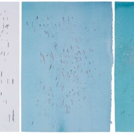 Mapping Celestial Navigation, Triptych, 2017 Watercolor, color pencil & marble dust 8.25” x 34.5”