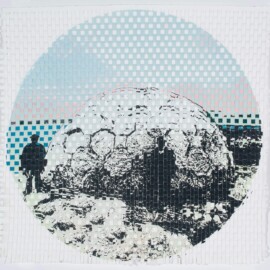 Woven Dome #3 QPME, 2025 Monoprint with stencil & photo silkscreen on paper, cut & woven 12” x 12.5” Archival image courtesy of Deer Isle Granite Museum